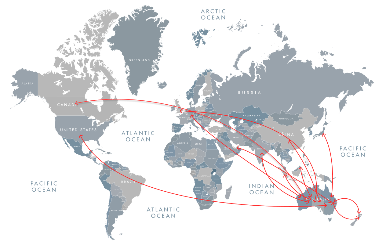 A world map with red arrows originating from Australia and New Zealand